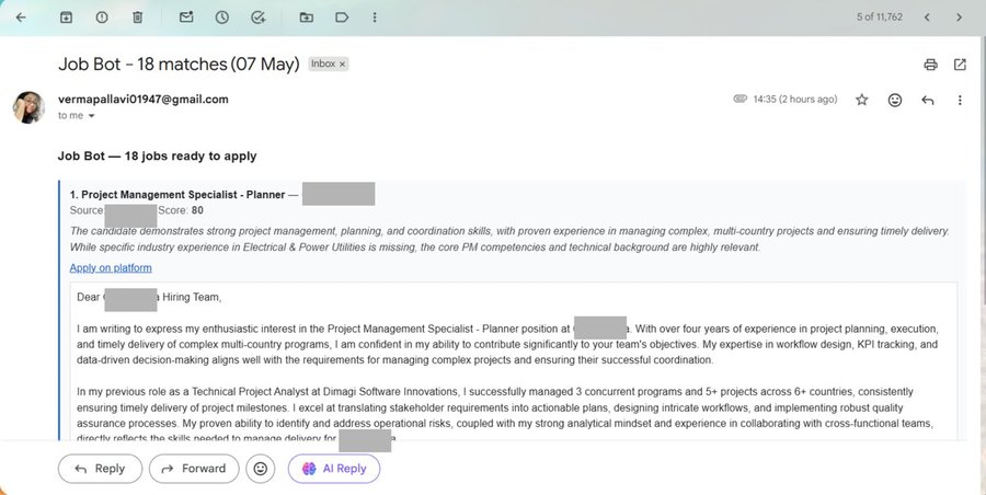 Daily digest email showing scored job matches
